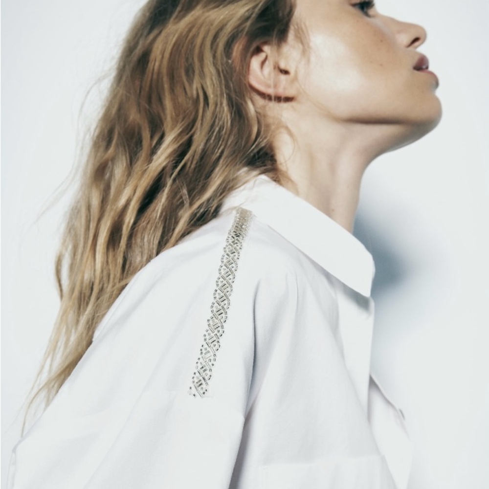 ❗️SOLD❗️ZARA BEADED SHOULDER POPLIN SHIRT WHITE - Picture 7 of 7